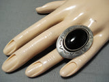 Huge Heavy Vintage Native American Navajo Jet Sterling Silver Ring-Nativo Arts