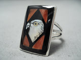 Important Zuni Inlay Coral Eagle Sterling Silver Ring Native American-Nativo Arts