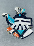 Fascinating Vintage Native American Zuni Longhorn Turquoise Sterling Silver Pin/ Pendant Signed-Nativo Arts