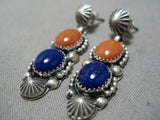 Native American Important Jeanette Dale Lapis Coral Sterling Silver Earrings-Nativo Arts