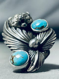 Fantastic San Felipe Signed Kingman Turquoise Sterling Silver Bear Ring-Nativo Arts