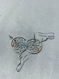 Exceptional Native American Navajo Turquoise & Coral Sterling Silver Dreamcatcher Earrings-Nativo Arts