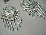 Very Unique!! Zuni Native American Sterling Silver Long Turquoise Earrings-Nativo Arts