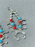 Native American Dynamic Turquoise & Coral Squash Blossom Dangle Earrings-Nativo Arts