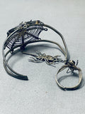 Native American Spider Intricacy Vintage Southwestern Sterling Silver Jet Bracelet Ring-Nativo Arts