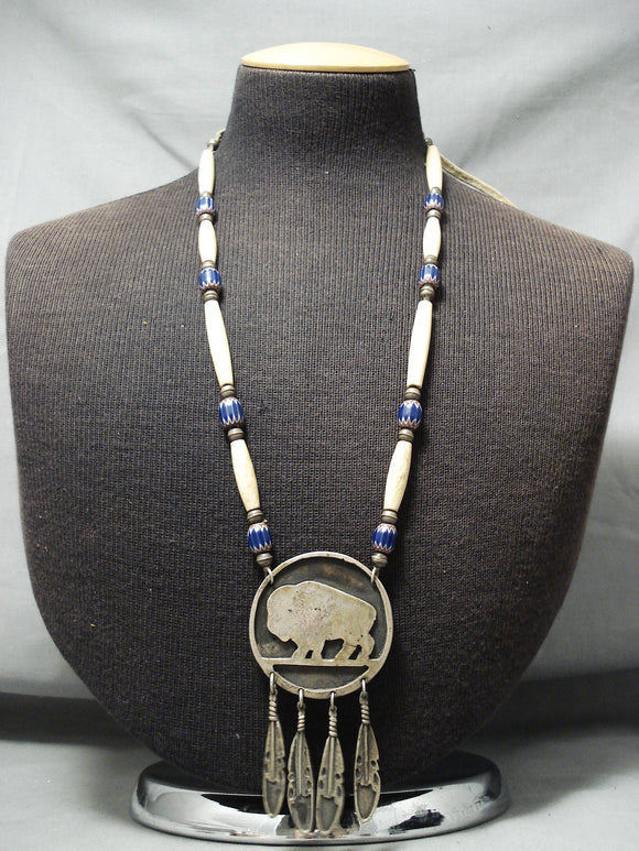 Longer Vintage Native American Navajo Lapis Sterling Silver Necklace Old-Nativo Arts