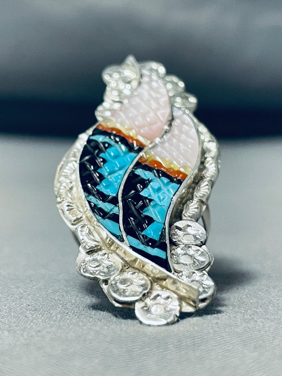 Eldred Martinez Native American Zuni Turquoise Jet Coralmother Of Pearl Sterling Silver Ring-Nativo Arts