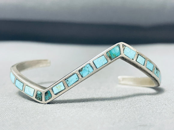 Elegant Vintage Native American Zuni Turquoise Inlay Sterling Silver Bracelet-Nativo Arts