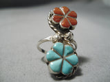 Exquisite Vintage Zuni Coral & Turquoise Sterling Silver Ring Native American-Nativo Arts