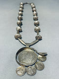 One Of The Most Unique Ever Vintage Native American Navajo Sterling Silver Coin Necklace Old-Nativo Arts