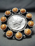 Remarkable Native American Navajo Spiny Oyster Mercury Dime Sterling Silver Ring-Nativo Arts