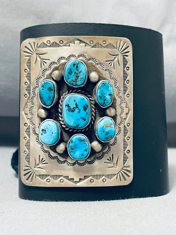 Traditional Vintage Native American Navajo Morenci Turquoise Sterling Silver Bowguard-Nativo Arts