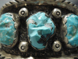 Museum Vintage Zuni Native American Navajo Carved Turquoise Heavy Sterling Silver Bracelet-Nativo Arts