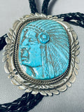 Native American Completely Hand Carved Vintage Sterling Silver Turquoise Bolo Tie-Nativo Arts