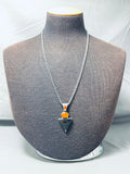 Brilliant Native American Navajo Black Onyx Triangle Amber Sterling Silver Necklace-Nativo Arts