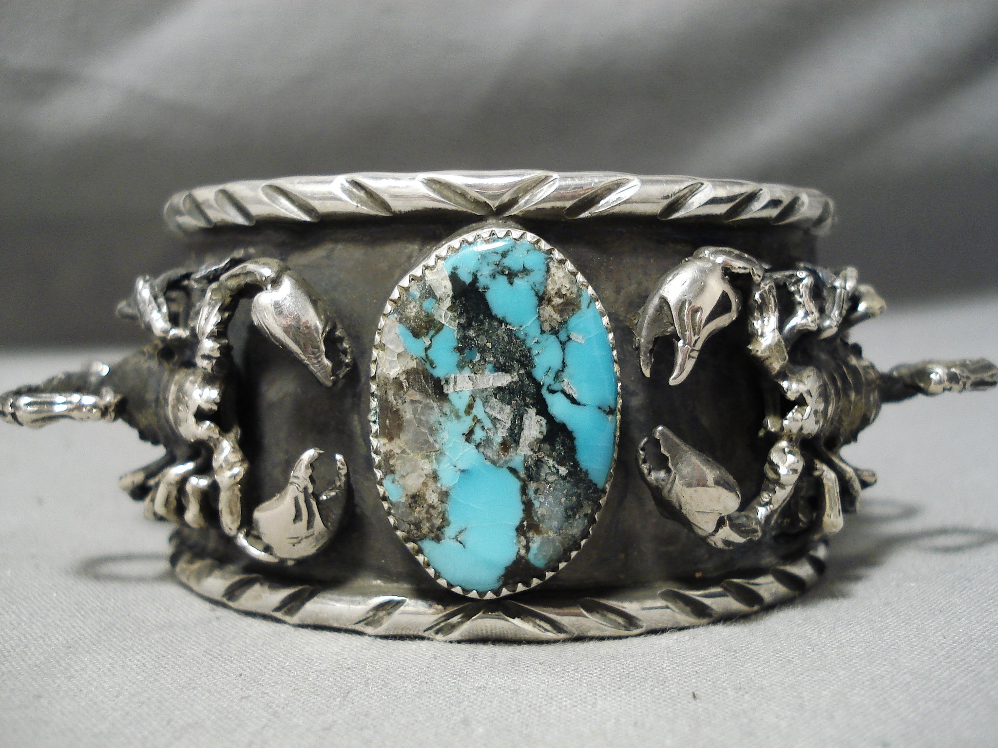 Native American Sterling Silver Cuff Bracelet Scorpion Design Turquoise And Coral good Inlay By Ray B.