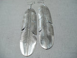 Very Long Navajo Native American Sterling Silver Feather Earrings-Nativo Arts