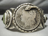 Tremendous Vintage Native American Navajo Sterling Silver Snake Coin Green Turquoise Bracelet-Nativo Arts