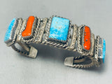 Important Thick Wire Vintage Native American Navajo Turquoise Coral Sterling Silver Bracelet-Nativo Arts