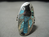 Important Native American Zuni Harland Coonsis Turquoise Sterling Silver Bird Inlay Ring-Nativo Arts