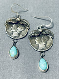 Amazing Native American Navajo Kingman Turquoise Sterling Silver Earrings Signed-Nativo Arts