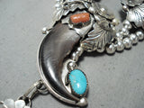 Authentc Native American Navajo Bear Turquoise Coral Sterling Silver Necklace-Nativo Arts