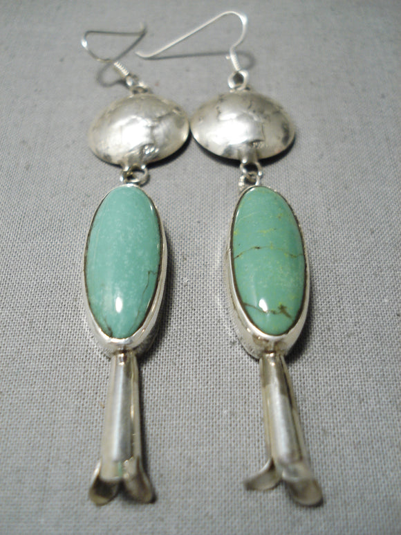 Huge Longer Navajo Green Turquoise Sterling Silver Native American Earrings-Nativo Arts