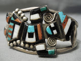 Opulent Early Vintage Native American Zuni Turquoise Coral Sterling Silver Bracelet Old-Nativo Arts