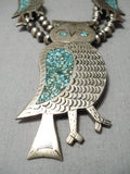 Rare Vintage Native American Navajo Turquoise Sterling Silver Owl Squash Blossom Necklace Old-Nativo Arts