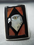 Important Zuni Inlay Coral Eagle Sterling Silver Ring Native American-Nativo Arts