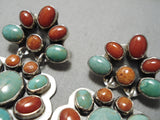 Quality Vintage Native American Navajo Royston Turquoise Coral Sterling Silver Earrings-Nativo Arts