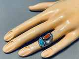 Marvelous Vintage Native American Navajo Kingman Turquoise & Coral Sterling Silver Ring-Nativo Arts