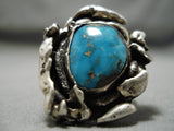 Exquisite Vintage Native American Navajo Blue Gem Turquoise Sterling Silver Ring Old-Nativo Arts