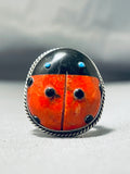 Adorable Native American Navajo Spiny Oyster Sterling Silver Ladybug Ring-Nativo Arts