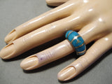 Intricate Vintage Native American Navajo Turquoise Inlay Sterling Silver Ring Old-Nativo Arts