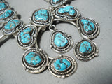 Signed Vintage Native American Navajo Turquoise Sterling Silver Squash Blossom Necklace-Nativo Arts