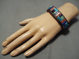 Unique!! Vintage Native American Navajo Turquoise Sterling Silver Inlay Leather Bracelet-Nativo Arts