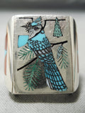 Important Native American Zuni Bluejay Turquoise Sterling Silver Coral Ring-Nativo Arts