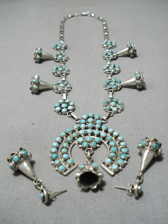 Bernard Bowekaty Vintage Native American Zuni Turquoise Squash Blossom Necklace Sterling Silver-Nativo Arts