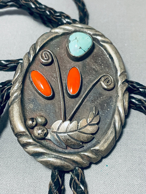 Fabulous Vintage Native American Navajo 8 Turquoise 2 Coral Sterling Silver Bolo-Nativo Arts