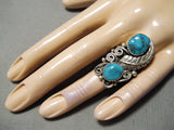 Intricate Vintage Native American Navajo Turquoise Sterling Silver Leaf Ring Old-Nativo Arts