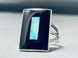 Important Vintage Native American Zuni Turquoise Jet Sterling Silver Long Ring-Nativo Arts