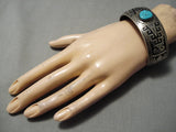 Detailed Vintage Native American Navajo Hand Wrought Geometrc Sterling Silver Turquoise Bracelet-Nativo Arts
