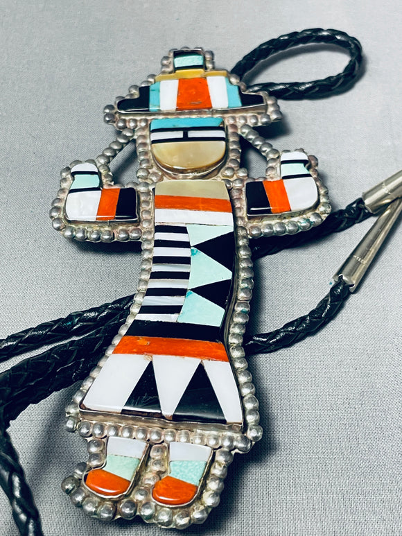 Museum Quality Long Vintage Native American Zuni Turquoise Inlay Sterling Silver Bolo Tie-Nativo Arts