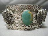 Very Rare Buffalo Head Native American Green Turquoise Sterling Silver Bracelet-Nativo Arts