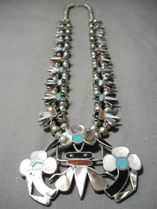 Authentic Vintage Native American Zuni Turquoise Sterling Silver Bug Squash Blossom Necklace-Nativo Arts