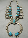 Amazing Vintage Native American Navajo Blue Turquoise Sterling Silver Squash Blossom Necklace-Nativo Arts