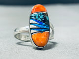 Vibrant Native American Navajo Turquoise Spiny Opal Inlay Sterling Silver Large Ring-Nativo Arts