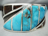 One Of The Best Vintage Native American Navajo Turquoise Inlay Sterling Silver Bracelet Huge-Nativo Arts