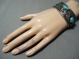 Extreme Detail! Vintage Native American Navajo Pilot Mountain Turquoise Sterling Silver Bracelet-Nativo Arts